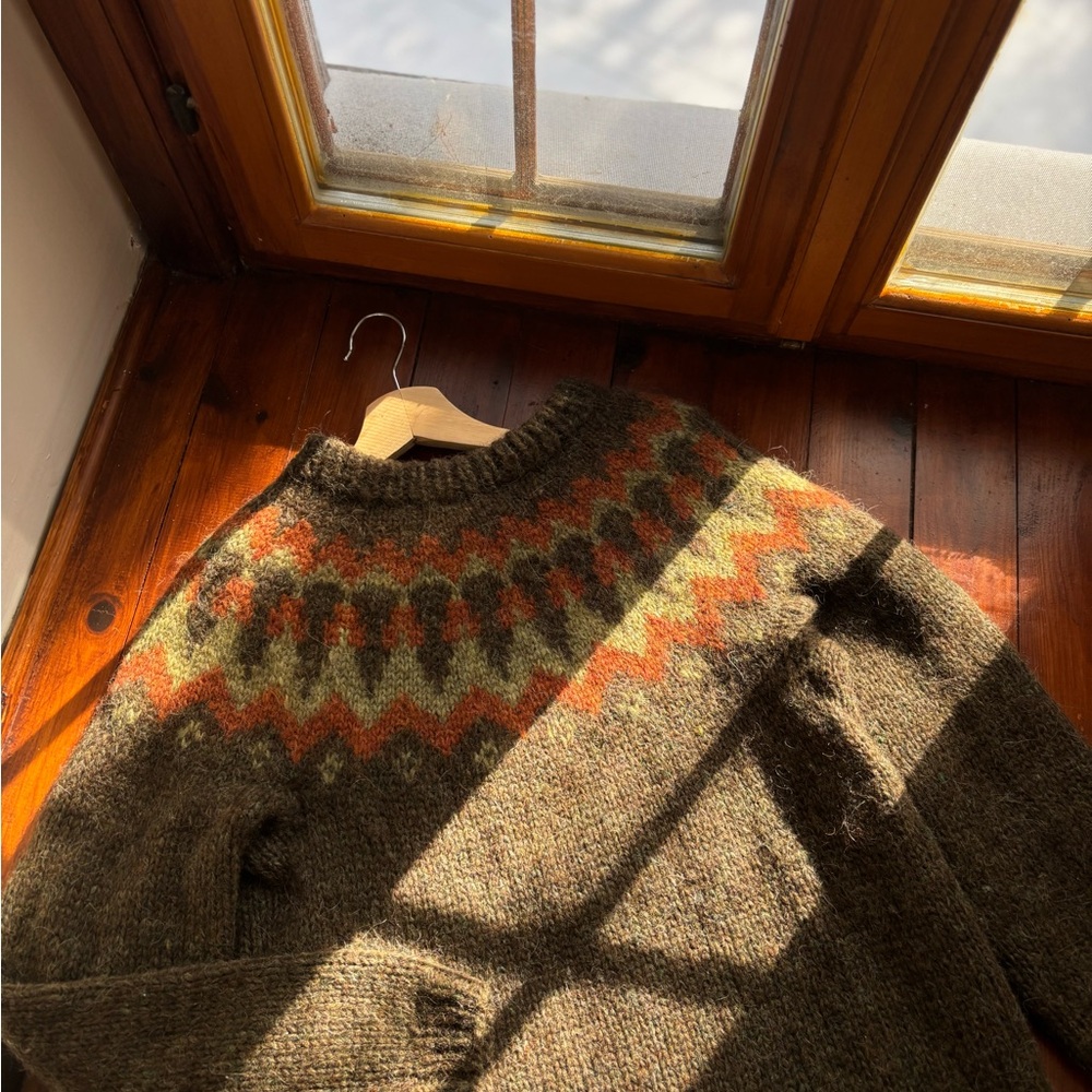 Vintage Handknit in Iceland Wool Fair isle Sweater | Brown & Green Crewneck Knit - Picture 1 of 7